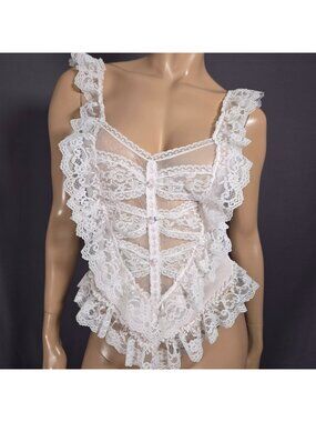 Vintage 80s Pink White Lace Camisole Size M Ruffled Coquette Fairy Nylon